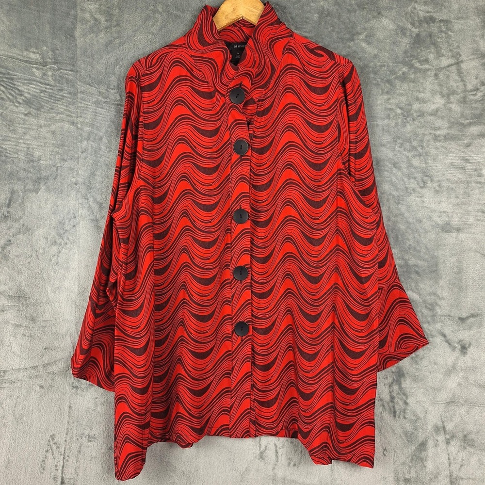 Ali Miles Top 1X Red Artsy Lagenlook Abstract Geometric Button Boho Casual Tunic